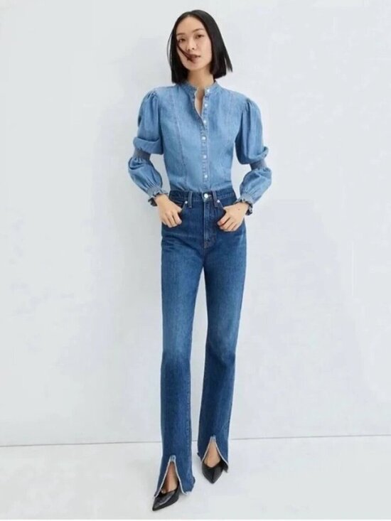 VERONICA BEARD Denim - NWT Veronica Beard Keane High Rise Long Straight Leg Jeans Blue 32 Front Slit